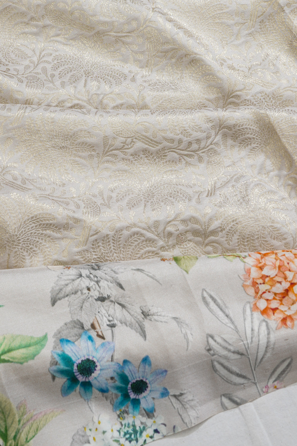 Kanchipuram Silk Brocade White Saree With Printed Border And Pallu