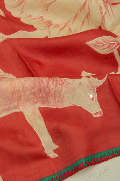 Tussar Printed Red Saree