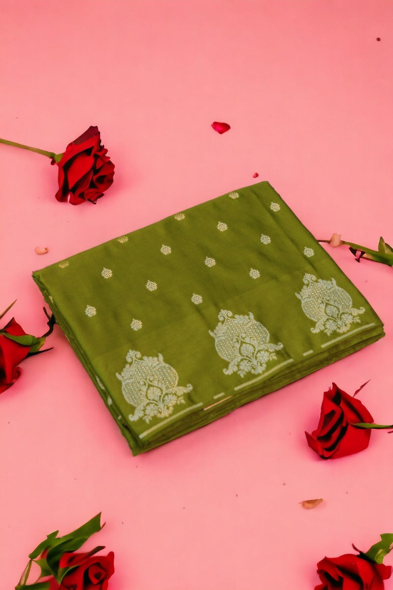 Banarasi Satin Brocade Mehandi Green Saree