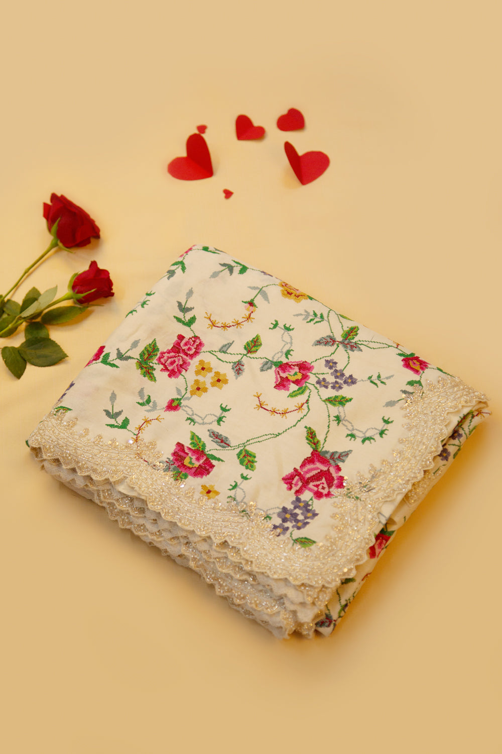 Tussar Embroidery Thread Work Cream Saree