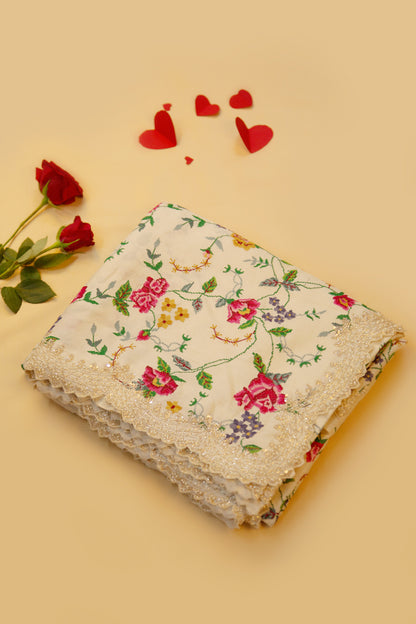 Tussar Embroidery Thread Work Cream Saree