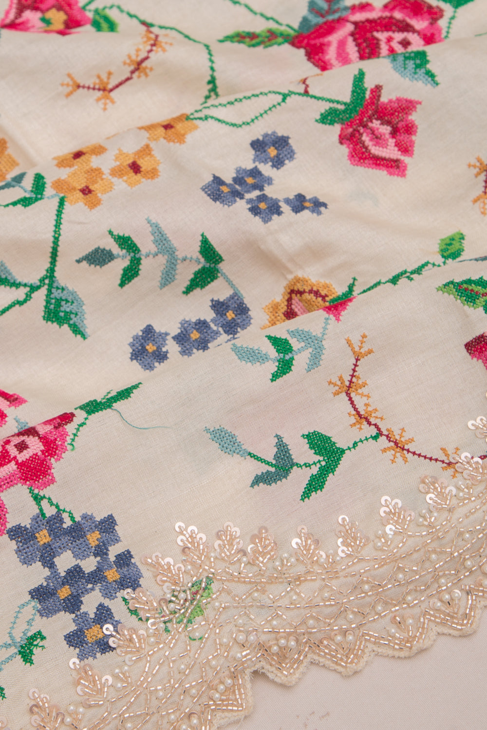 Tussar Embroidery Thread Work Cream Saree