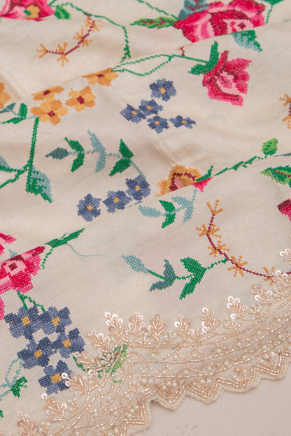 Tussar Embroidery Thread Work Cream Saree