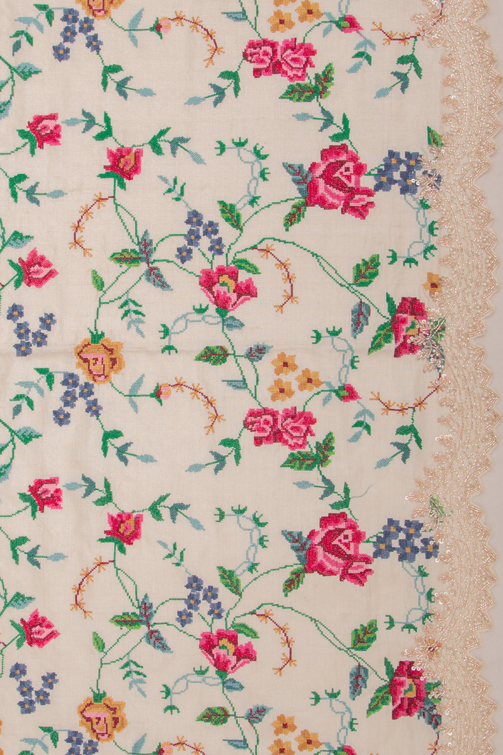 Tussar Embroidery Thread Work Cream Saree