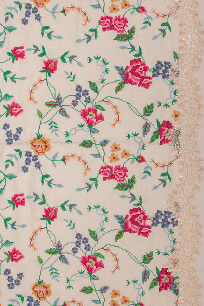 Tussar Embroidery Thread Work Cream Saree