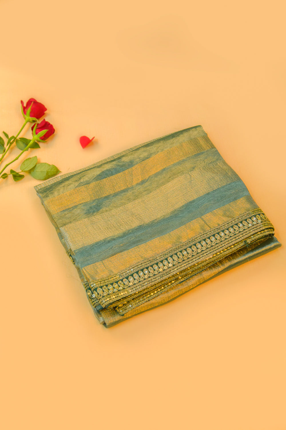 Organza Tissue Horizontal Lines Green Saree