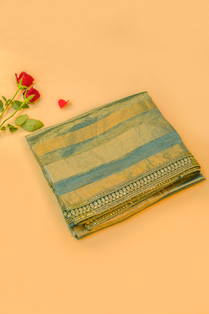 Organza Tissue Horizontal Lines Green Saree