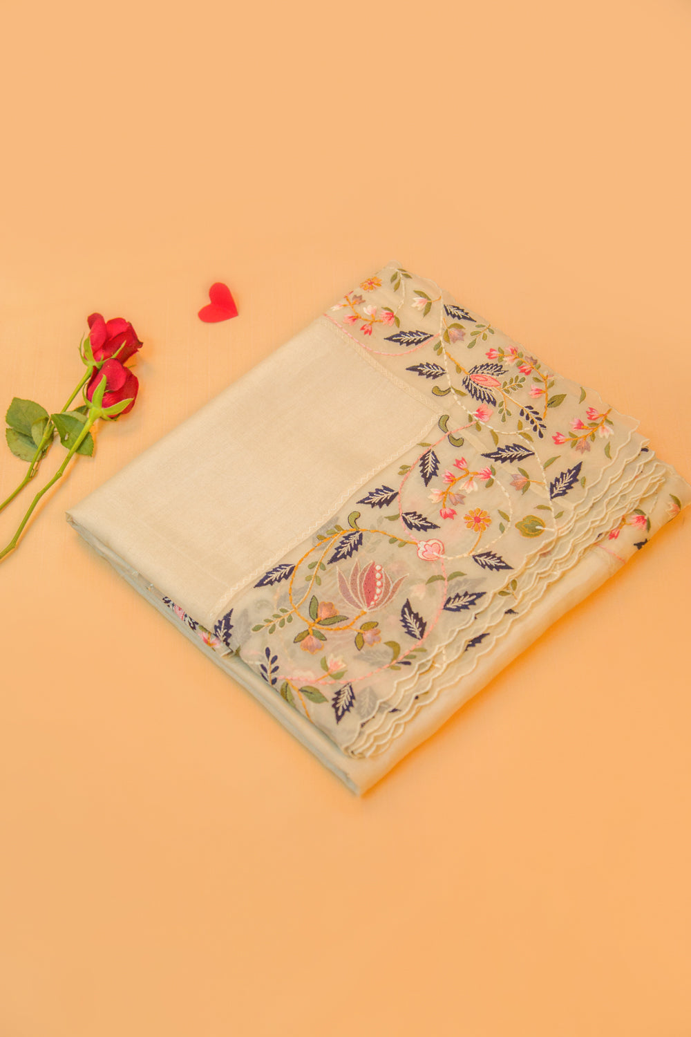 Tussar Plain Cream Saree With Organza Scallop Border