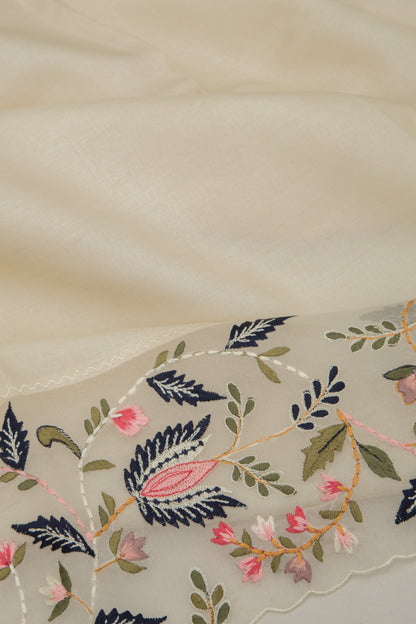 Tussar Plain Cream Saree With Organza Scallop Border
