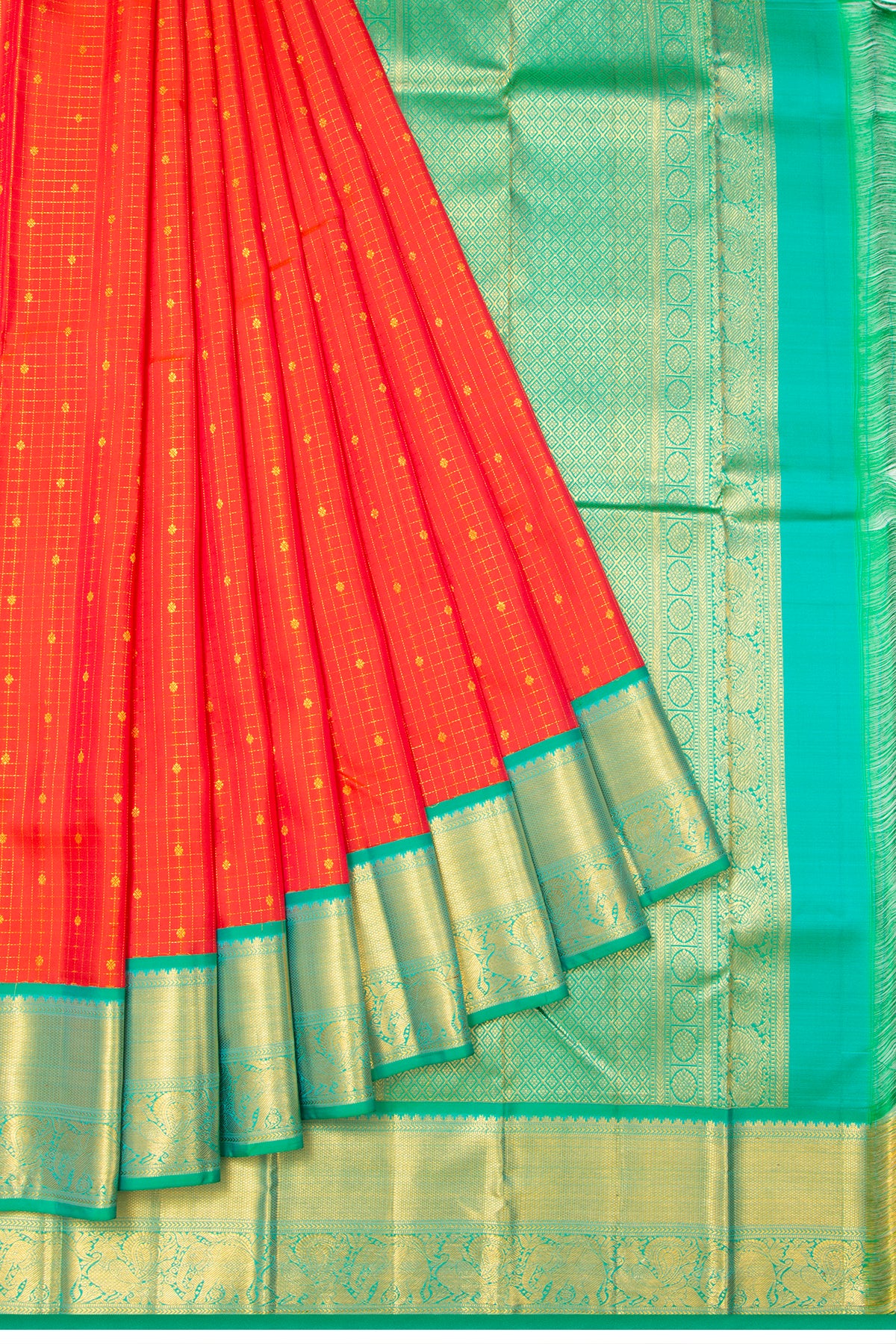 Kanchipuram Silk Checks And Butta Orange Saree