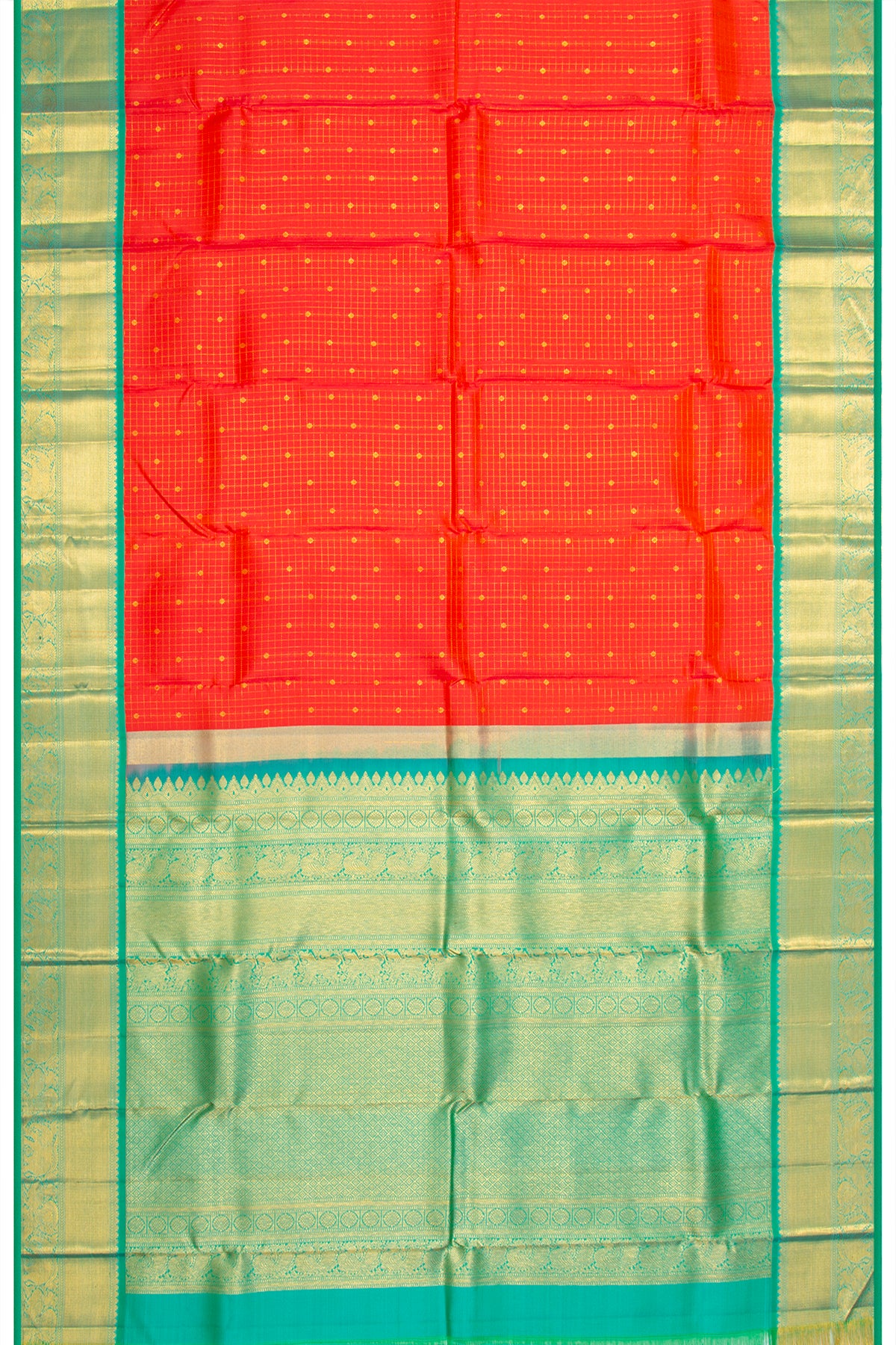 Kanchipuram Silk Checks And Butta Orange Saree