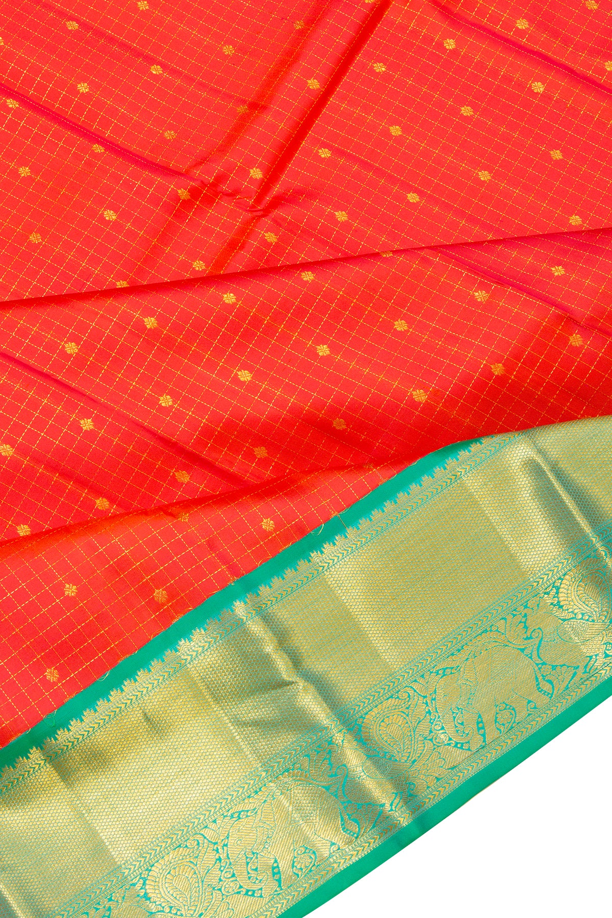 Kanchipuram Silk Checks And Butta Orange Saree
