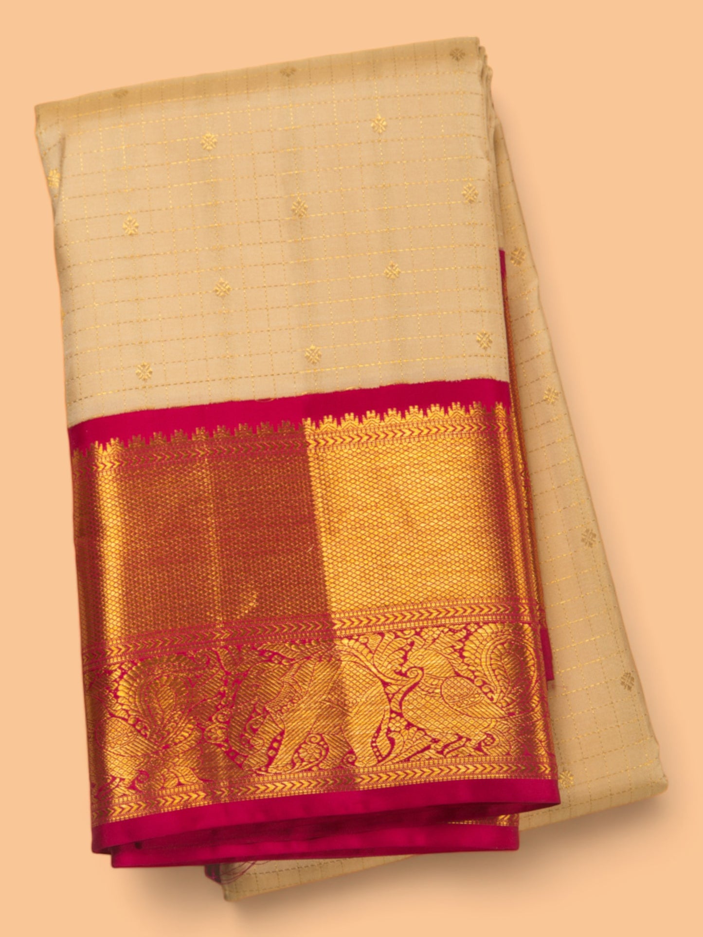 Kanchipuram Silk Checks And Butta Cream Saree