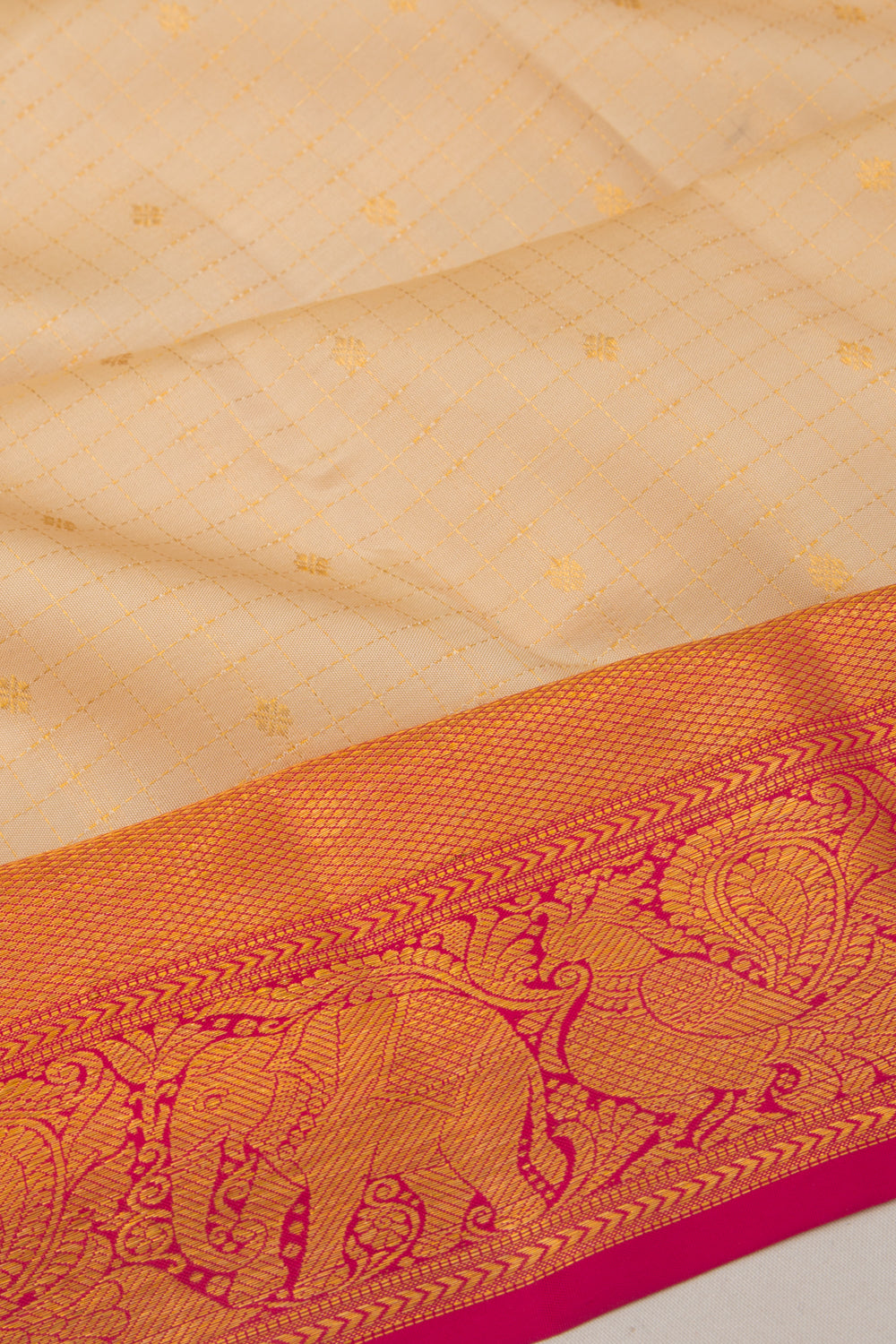 Kanchipuram Silk Checks And Butta Cream Saree