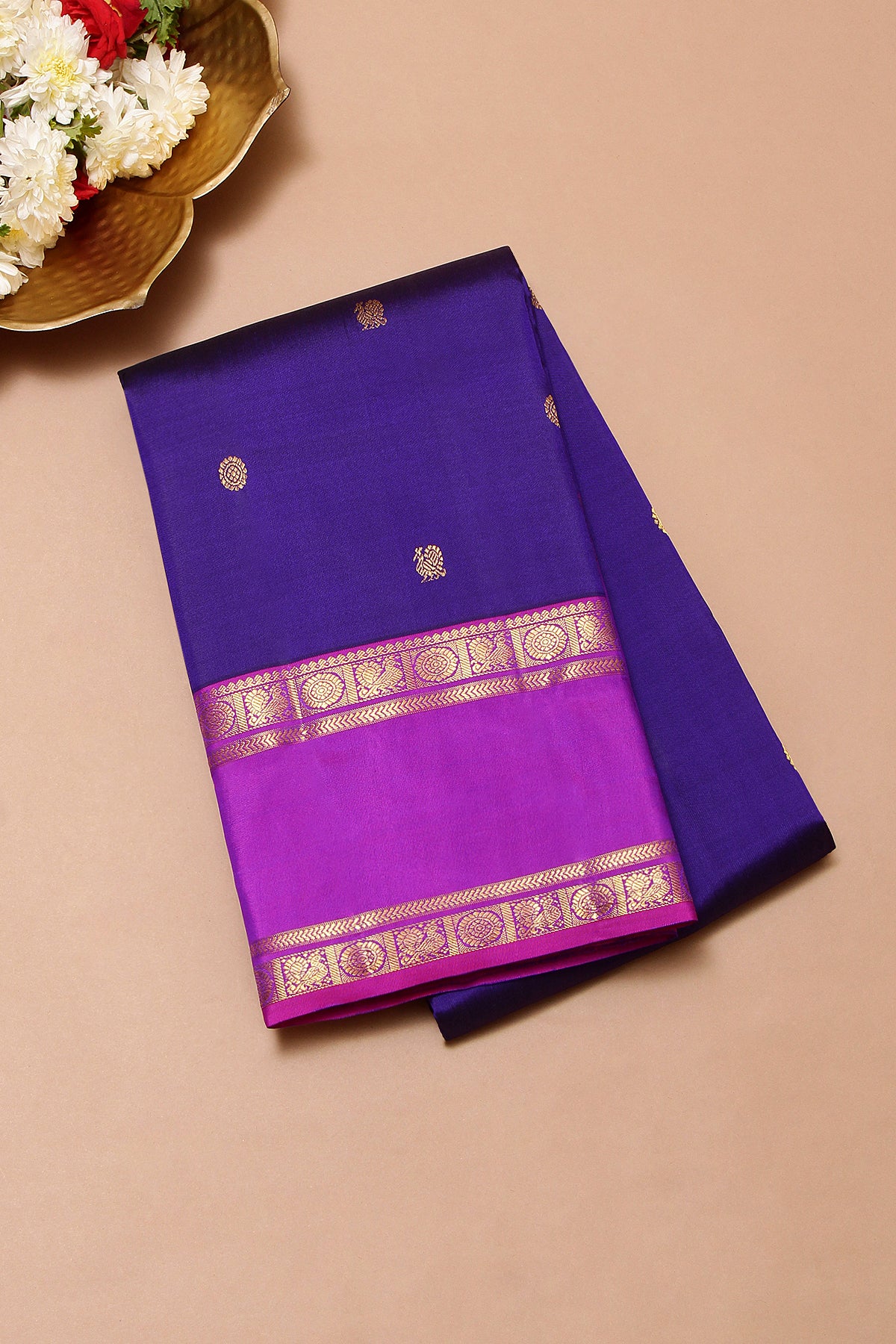 Kanchipuram Silk Butta Violet Saree With Rettai Pattu Border