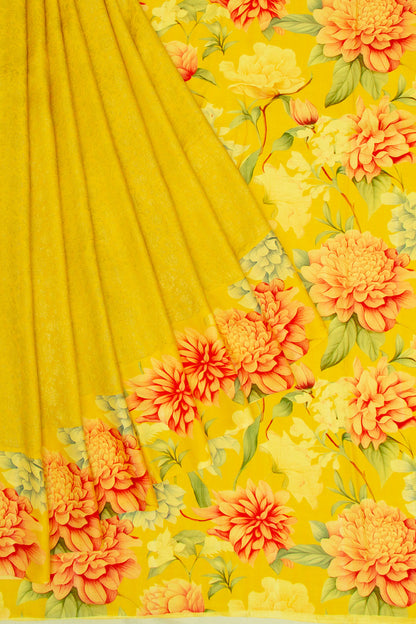 Kanchipuram Silk Brocade Yellow Saree With Floral Printed Bo
