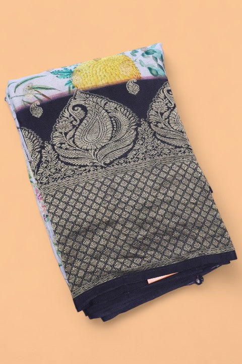 Soft Silk Floral Printed And Butta Grey Saree