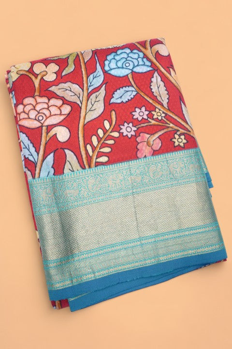 Soft Silk Jacquard And Floral Printed Red Saree