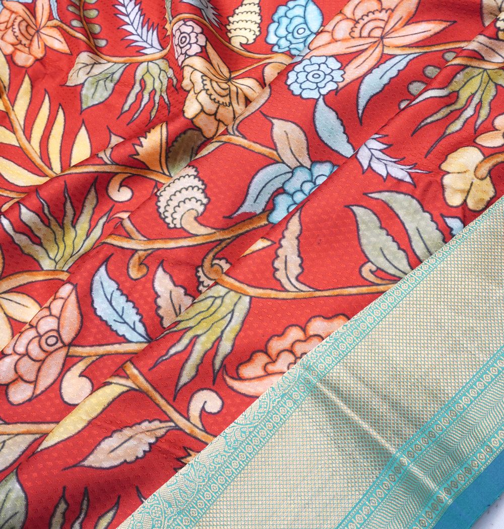 Soft Silk Jacquard And Floral Printed Red Saree