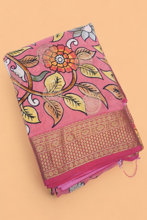 Soft Silk Floral Printed And Butta Pink Saree
