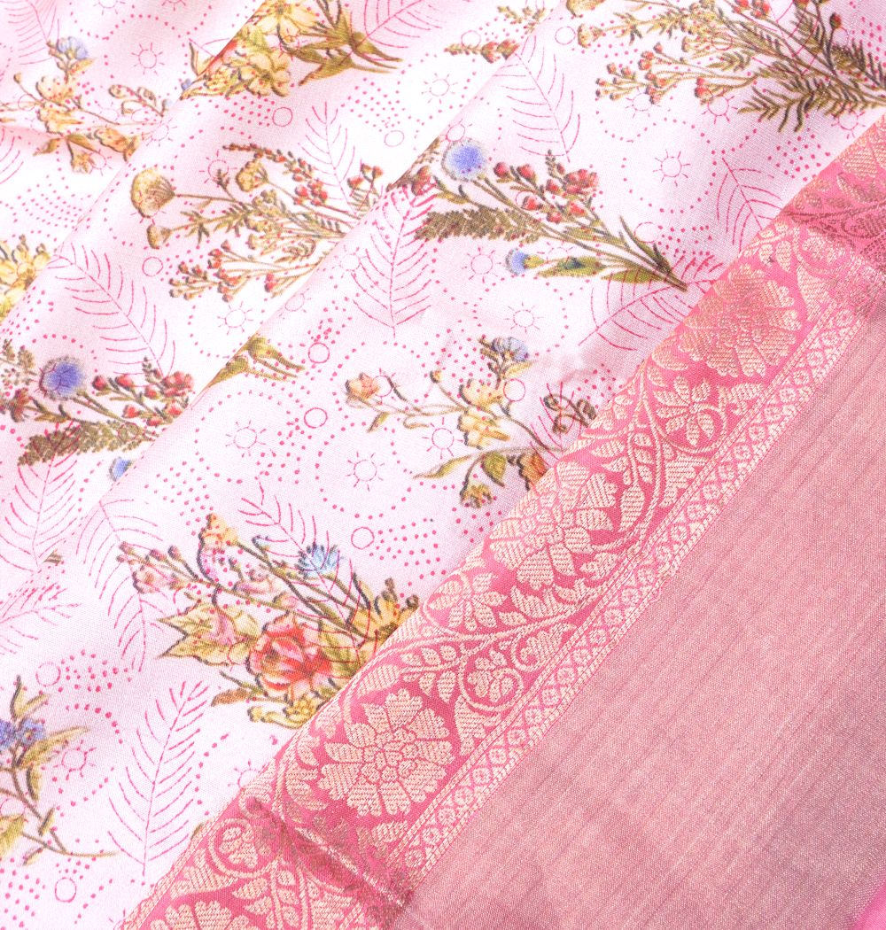Soft Silk Floral Printed Baby Pink Saree