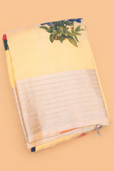 Soft Silk Floral Printed Pastel Yellow Saree