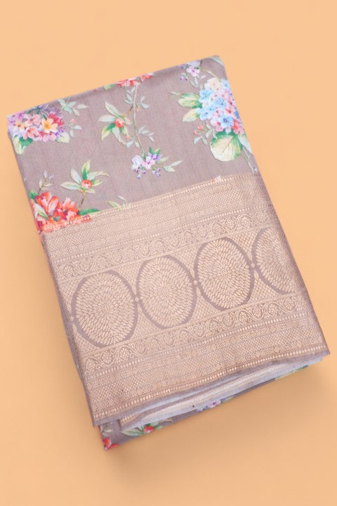 Soft Silk Floral Printed Snuf Brown Saree