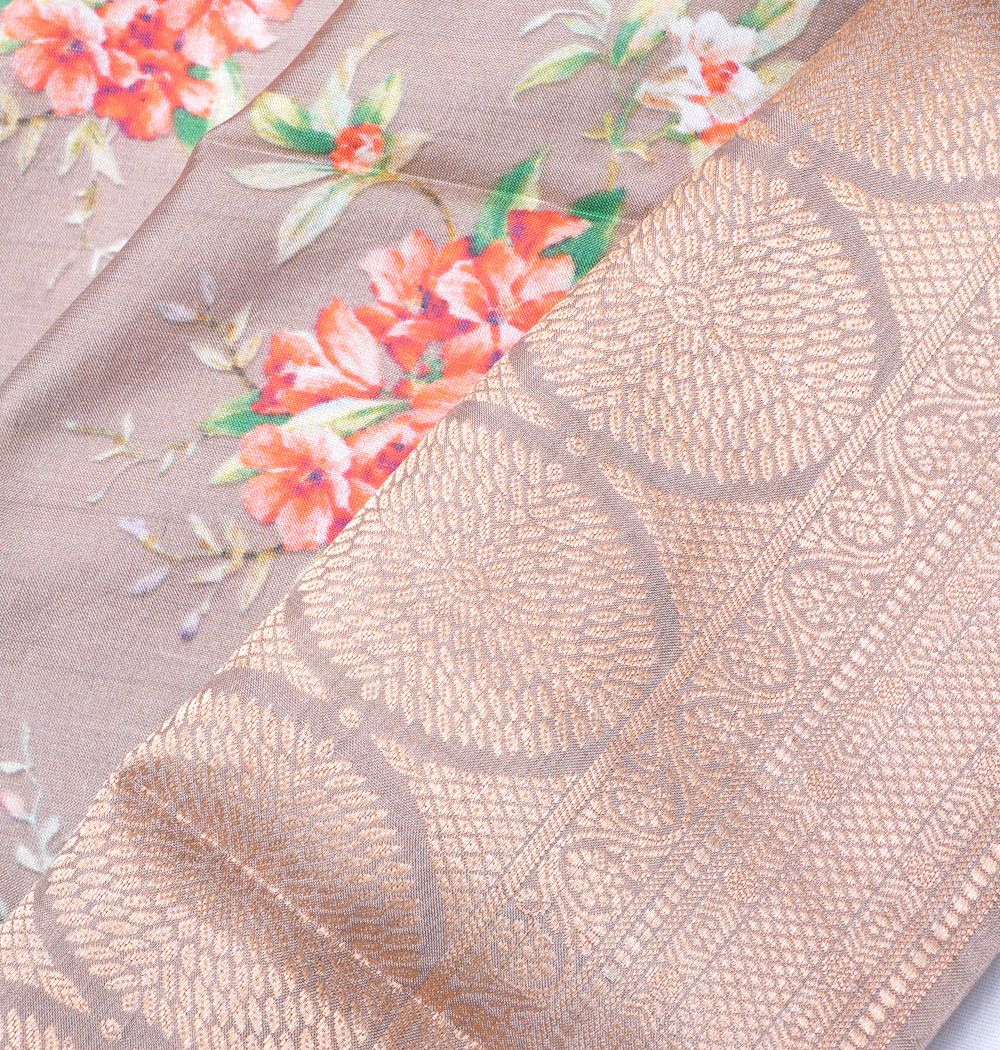 Soft Silk Floral Printed Snuf Brown Saree