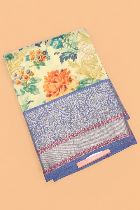 Soft Silk Floral Printed And Butta Lemon Yellow Saree