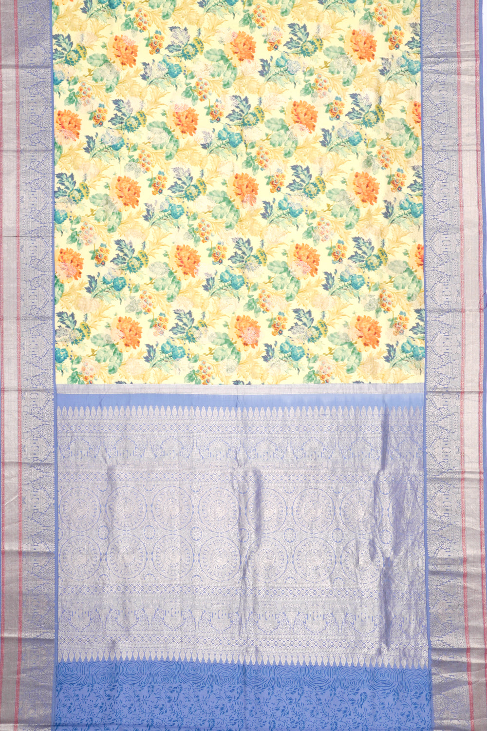 Soft Silk Floral Printed And Butta Lemon Yellow Saree