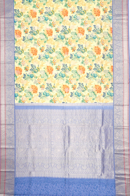 Soft Silk Floral Printed And Butta Lemon Yellow Saree