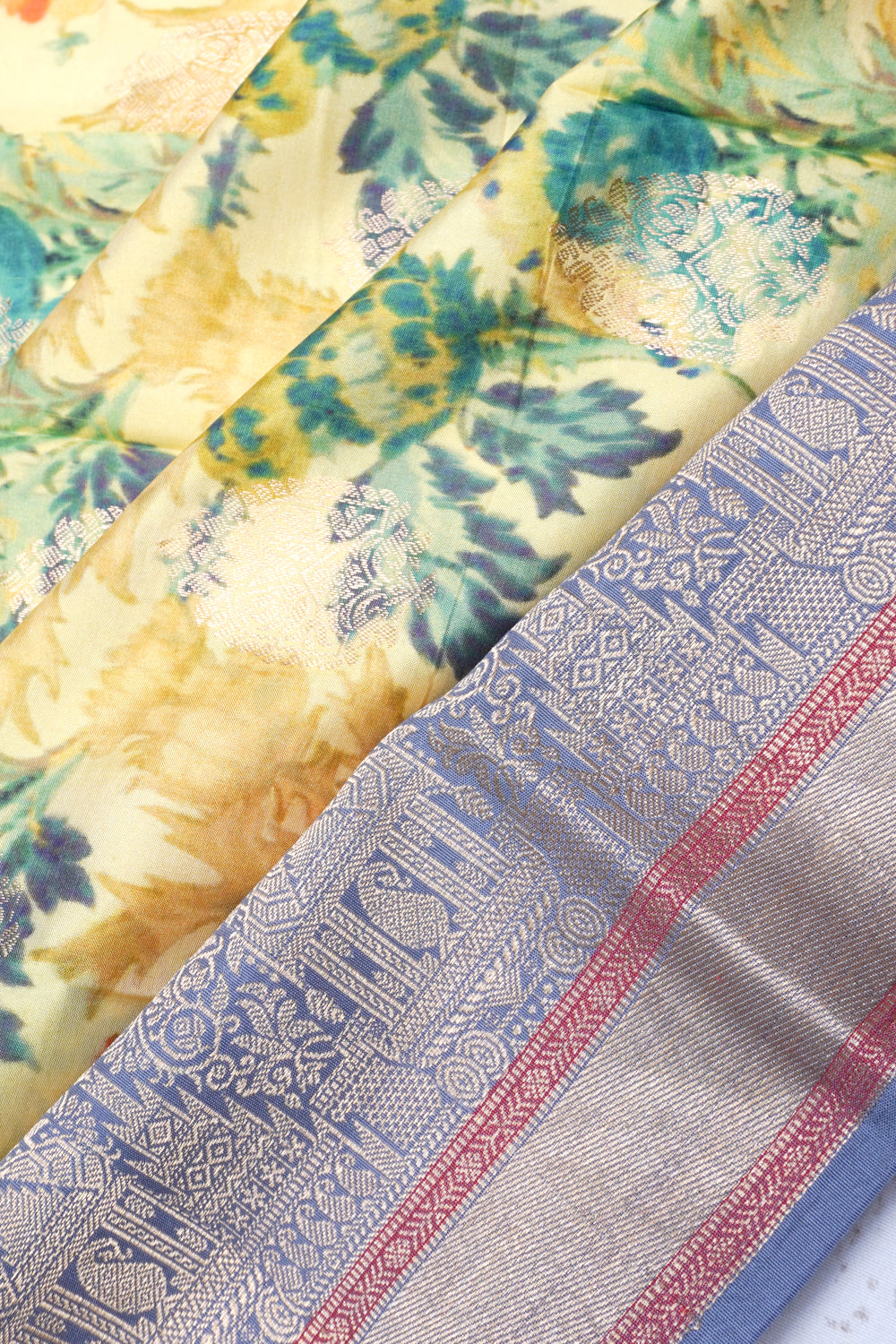 Soft Silk Floral Printed And Butta Lemon Yellow Saree