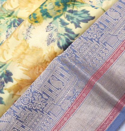 Soft Silk Floral Printed And Butta Lemon Yellow Saree