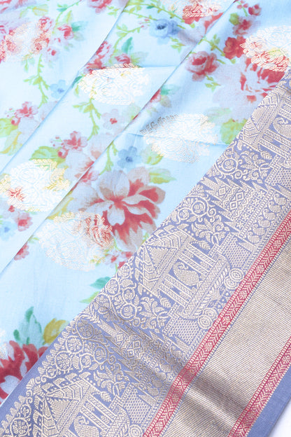 Soft Silk Floral Printed Sky Blue Saree