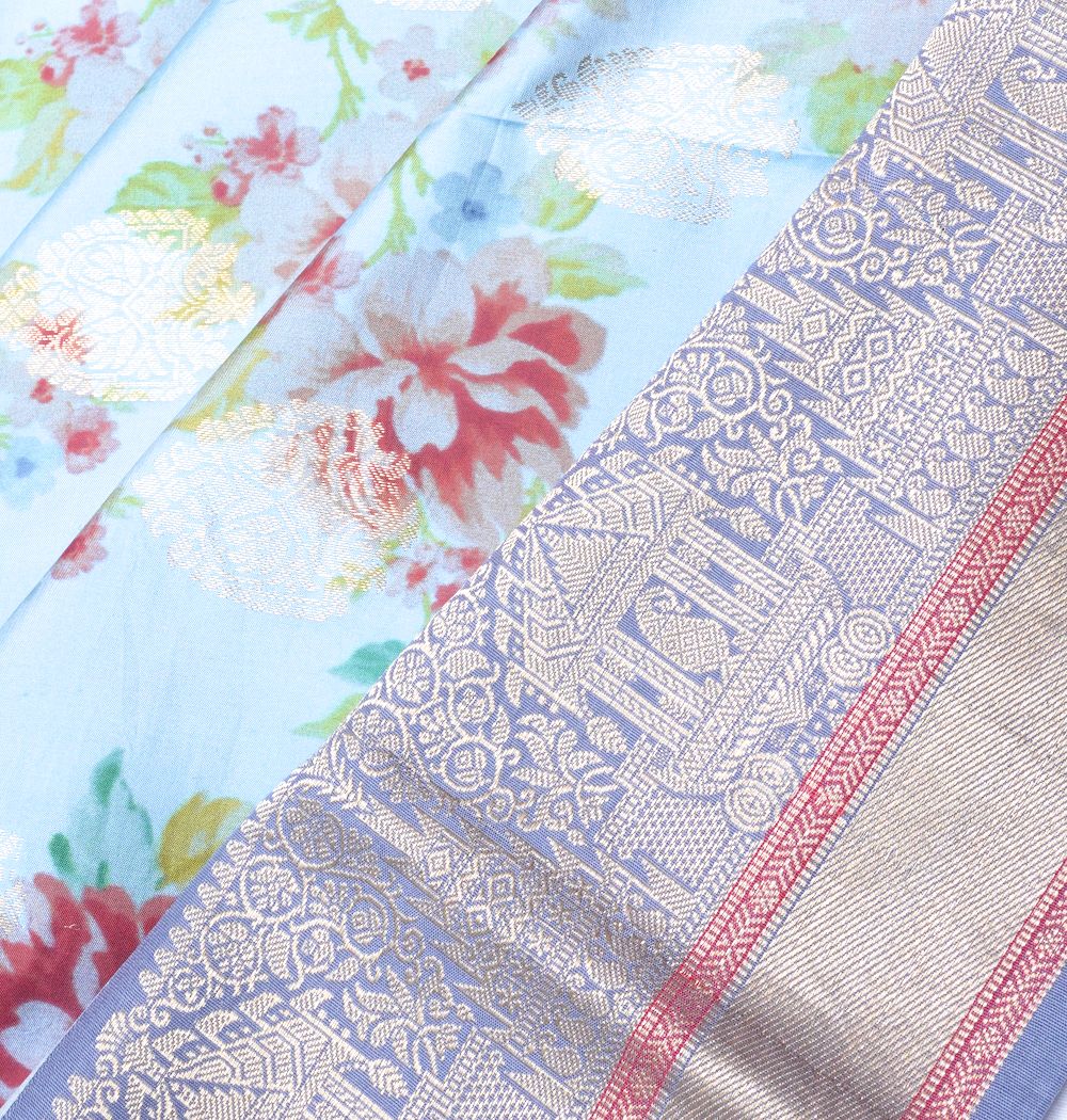 Soft Silk Floral Printed Sky Blue Saree
