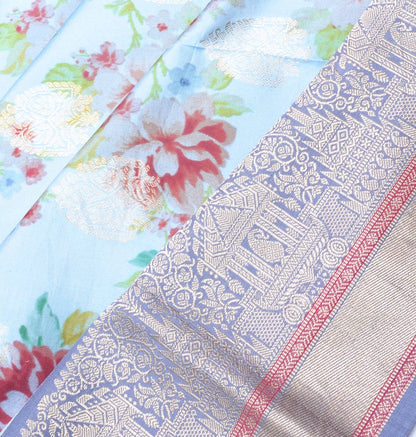 Soft Silk Floral Printed Sky Blue Saree