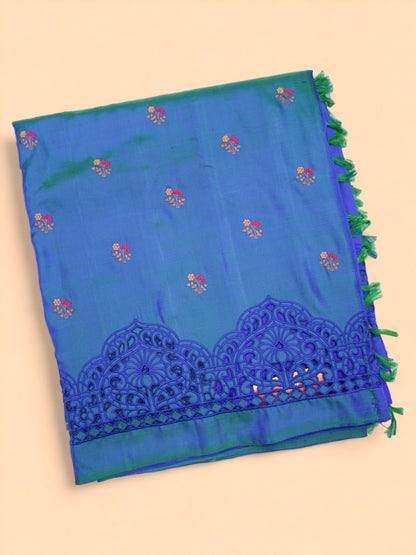 Banarasi Poona Silk Embroidery Butta Blue Cutwork Border Saree