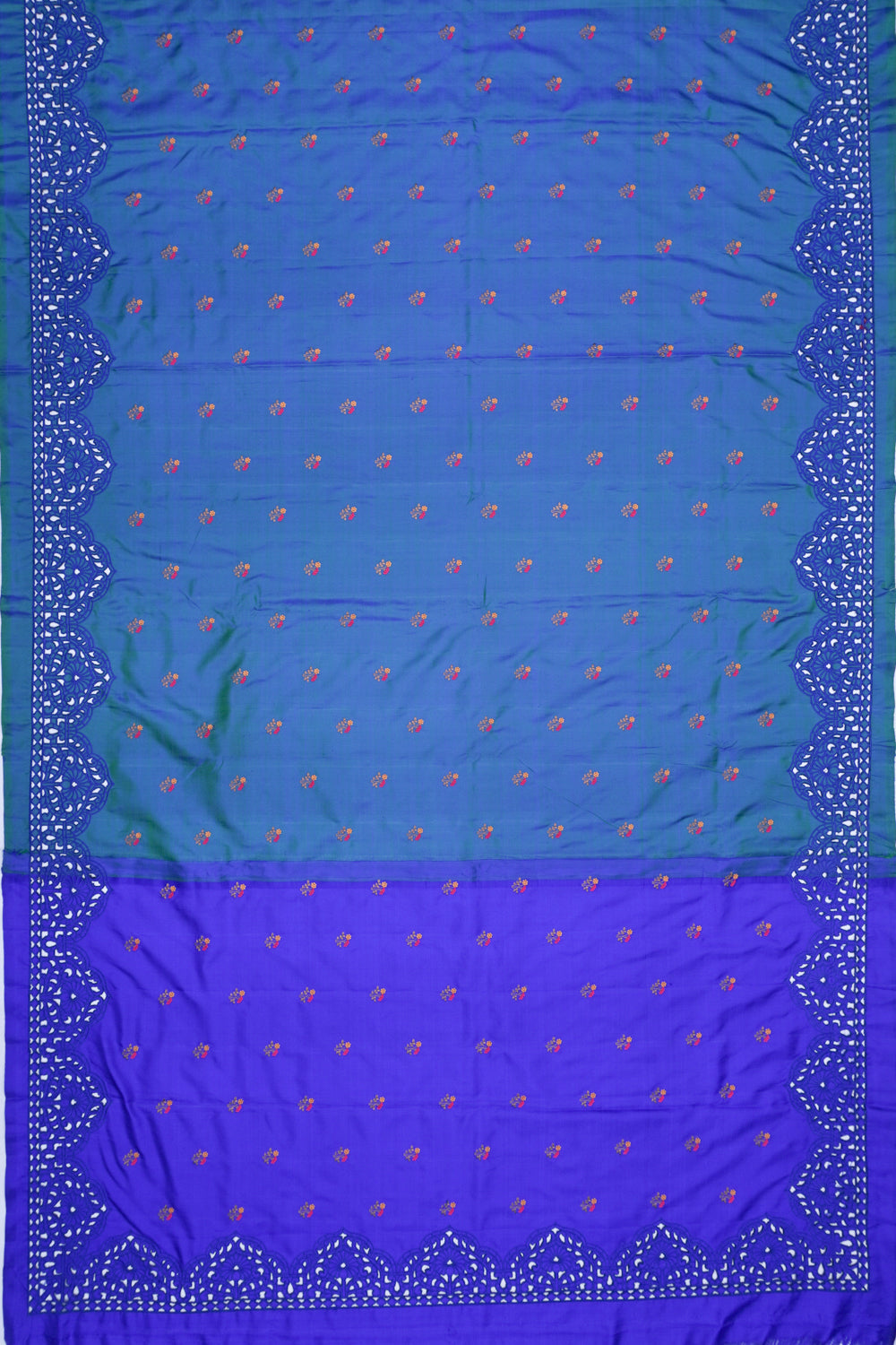 Banarasi Poona Silk Embroidery Butta Blue Cutwork Border Saree