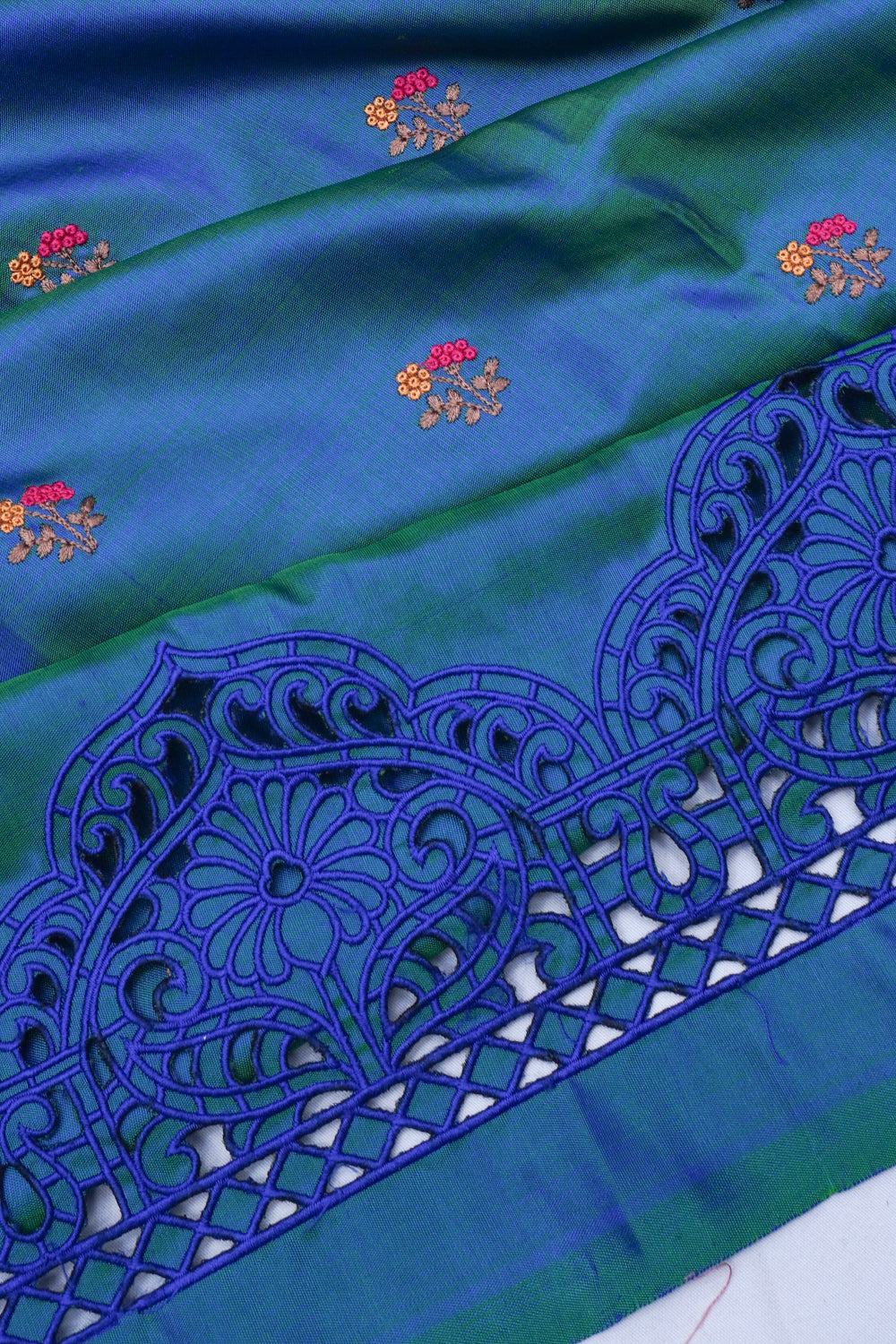 Banarasi Poona Silk Embroidery Butta Blue Cutwork Border Saree