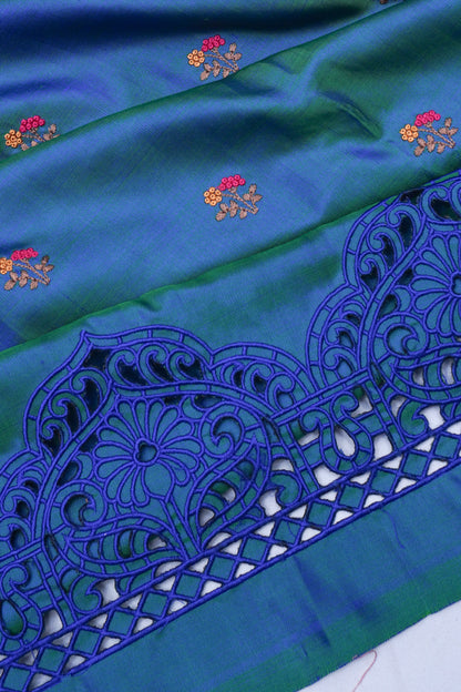 Banarasi Poona Silk Embroidery Butta Blue Cutwork Border Saree