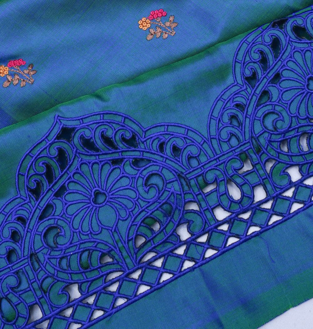 Banarasi Poona Silk Embroidery Butta Blue Cutwork Border Saree