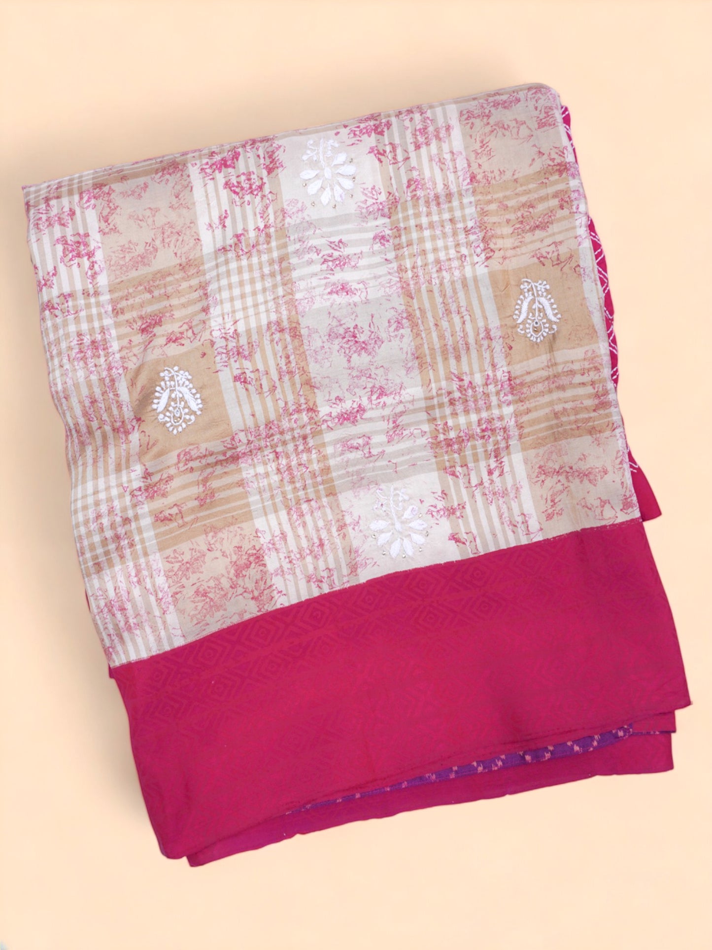 Soft Silk Printed And Checks Cream Saree