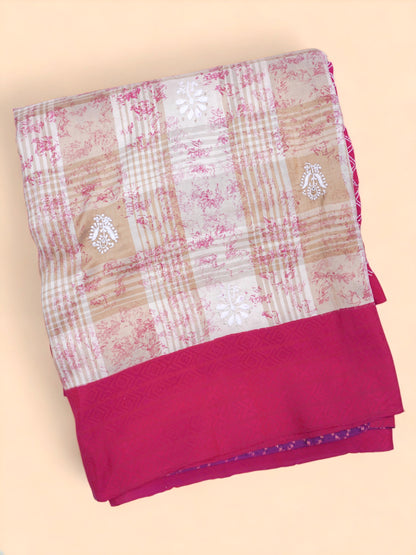 Soft Silk Printed And Checks Cream Saree