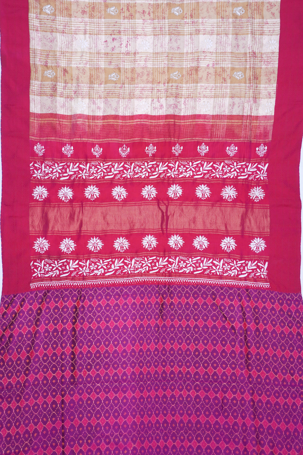 Soft Silk Printed And Checks Cream Saree