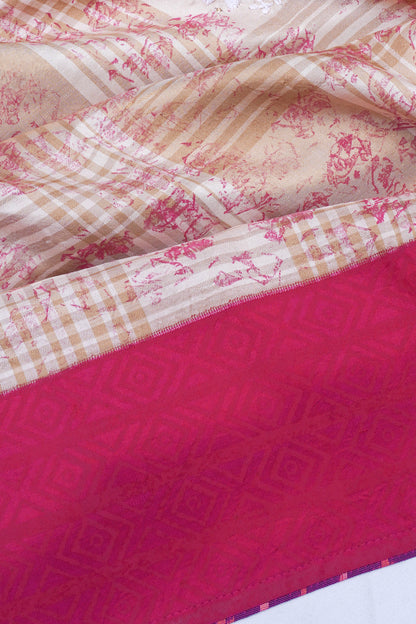 Soft Silk Printed And Checks Cream Saree