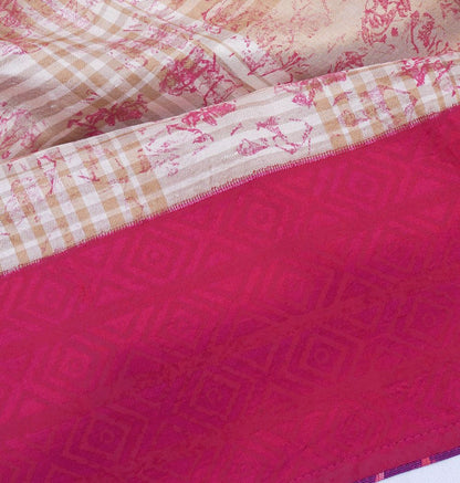 Soft Silk Printed And Checks Cream Saree