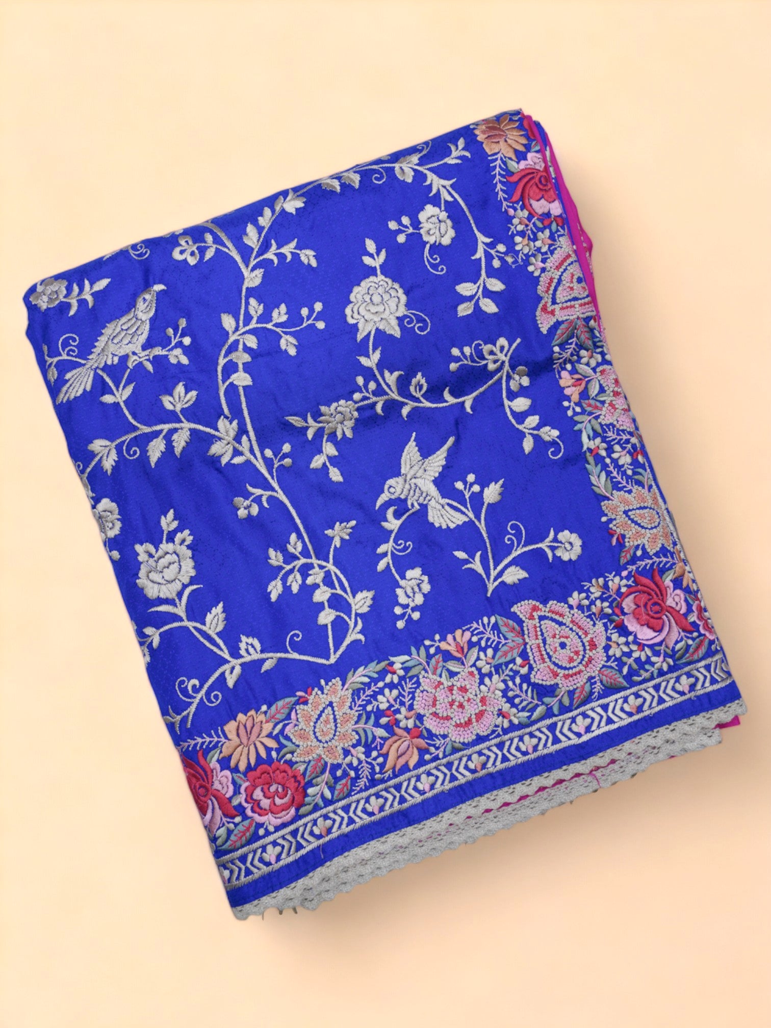 Banarasi Poona Silk Floral Embroidery Blue Saree