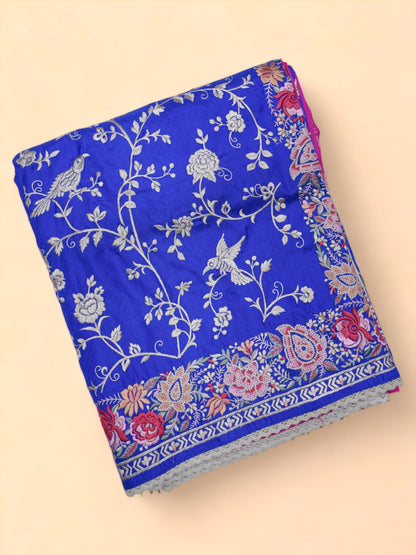 Banarasi Poona Silk Floral Embroidery Blue Saree