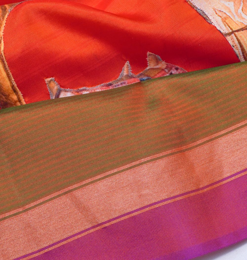 Banarasi Poona Silk Patch Work orange Saree