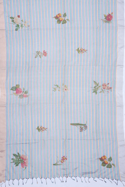 Chanderi Cotton Lines And Patch Work Blue Saree